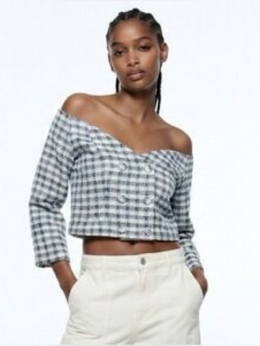 Zara / NWT Blue Tweed Off The Shoulder Cropped Blazer Top